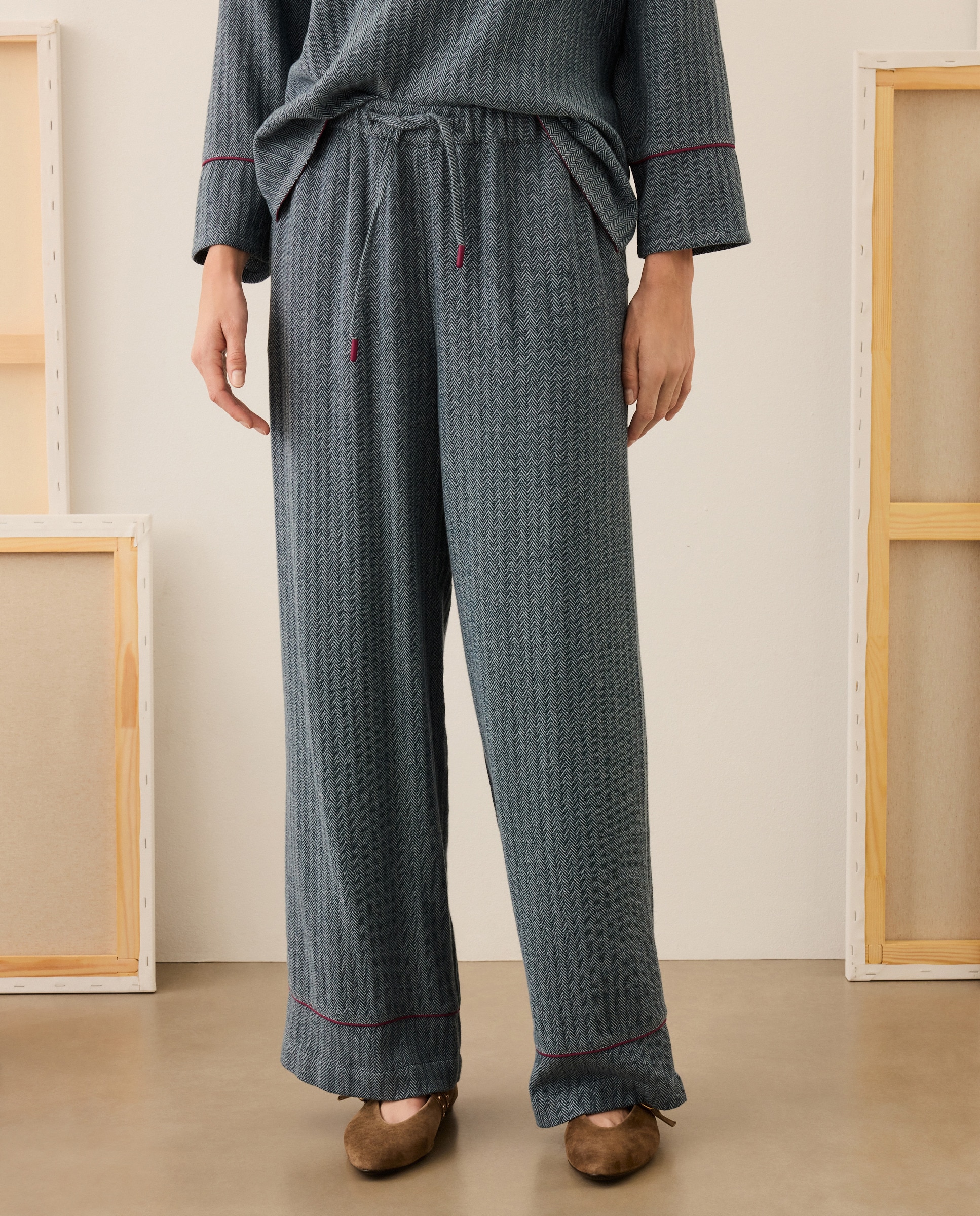 Calças de Padrão Espinha de Peixe 400 Azul-2