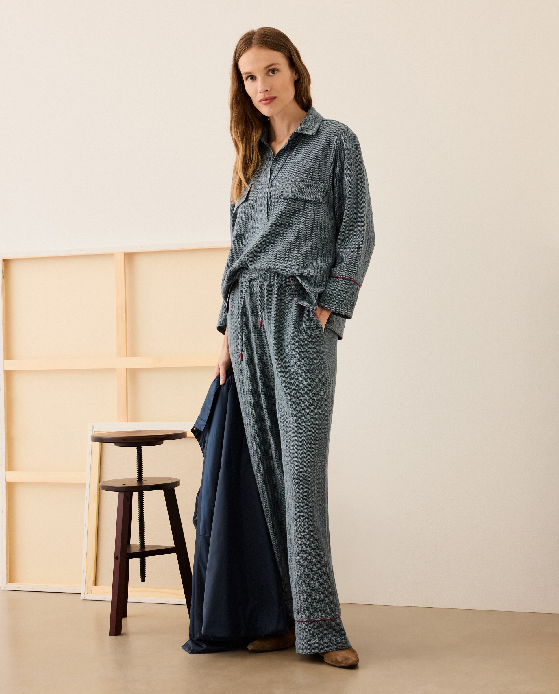 Calças de Padrão Espinha de Peixe 400 Azul-1