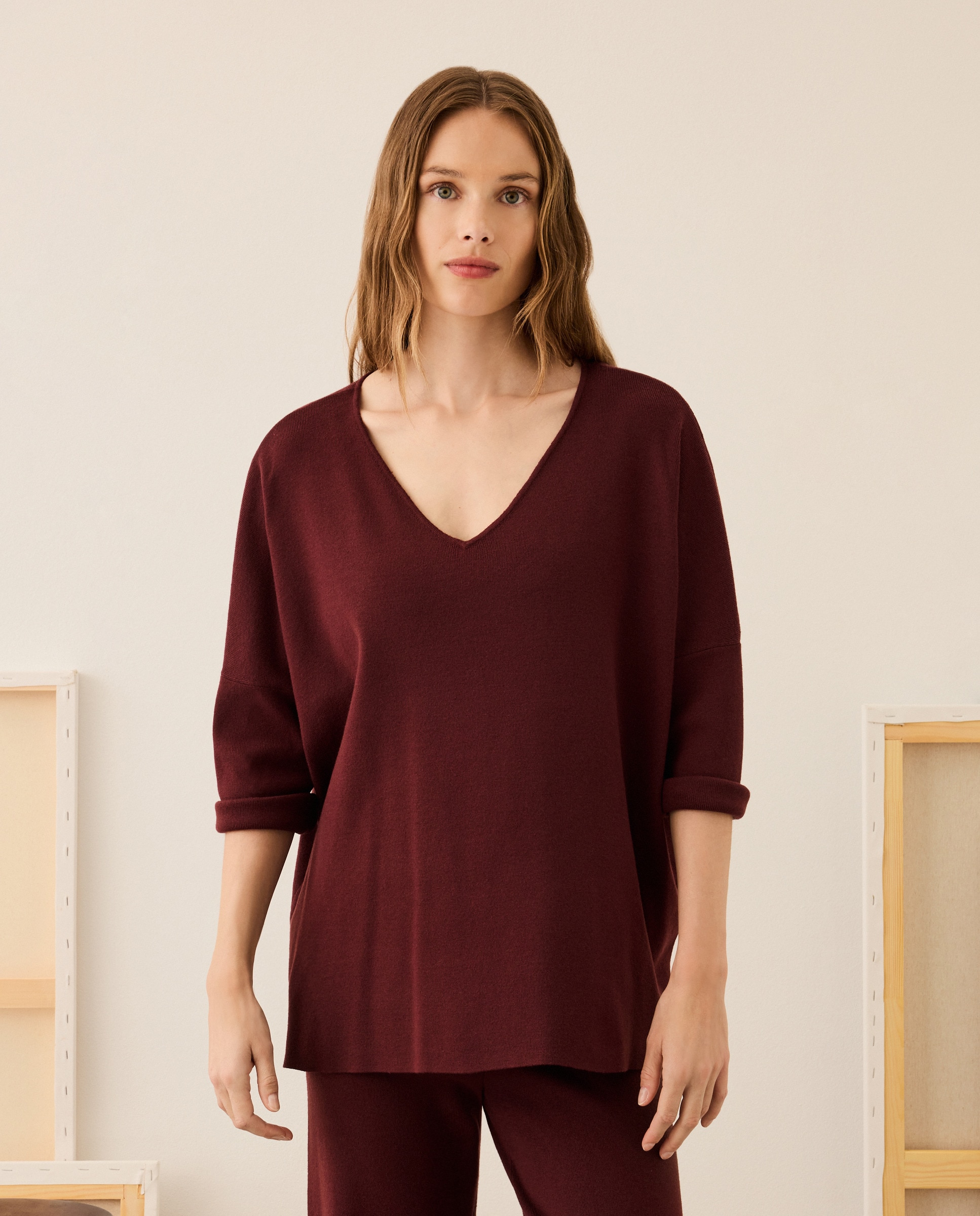 Camisola de Malha com Decote em Bico Bordeaux-2
