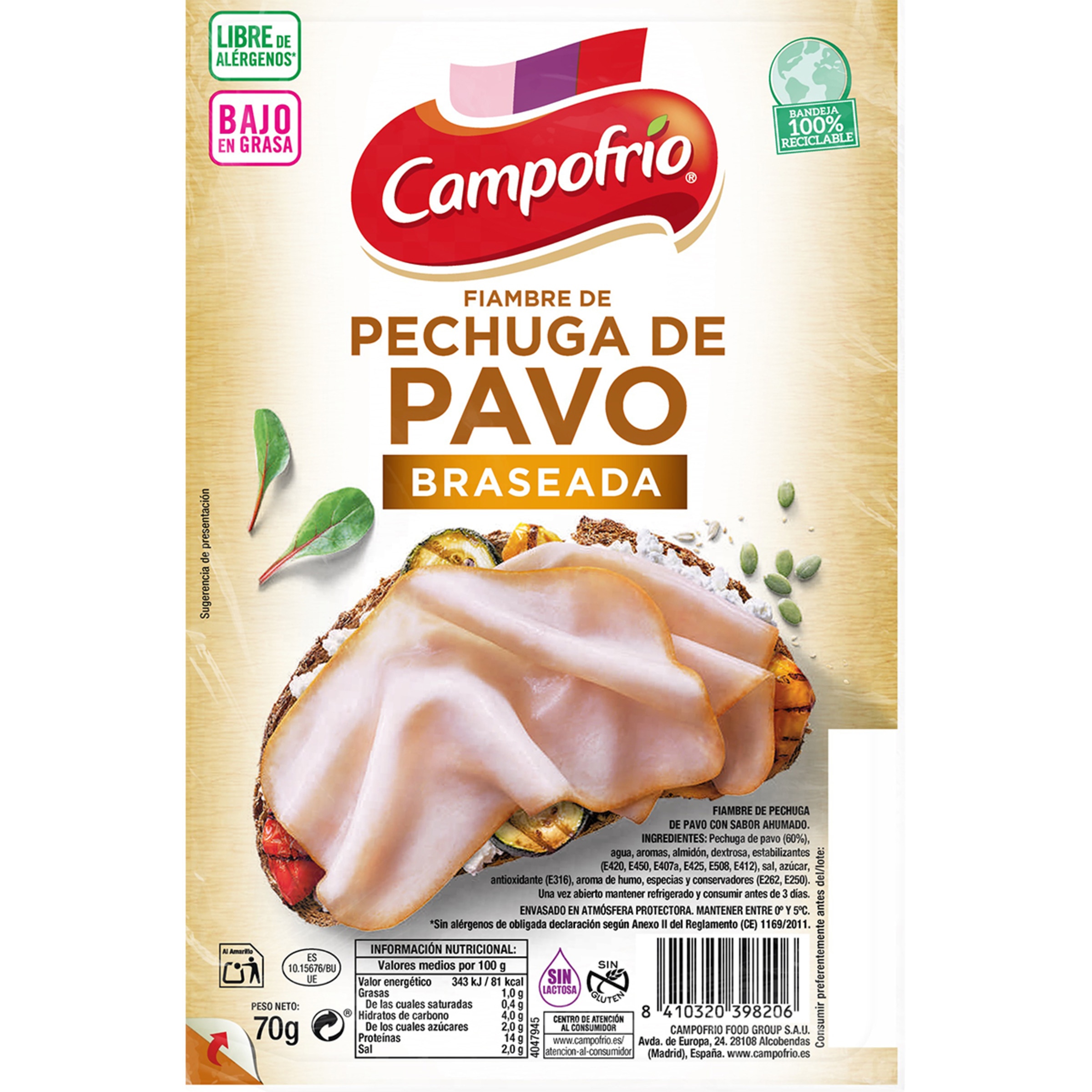 fiambre de pechuga de pavo braseada bajo en grasa en lonchas sin gluten sin lactosa envase 70 g