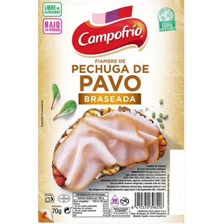 fiambre de pechuga de pavo braseada bajo en grasa en lonchas sin gluten sin lactosa envase 70 g - Campofrio