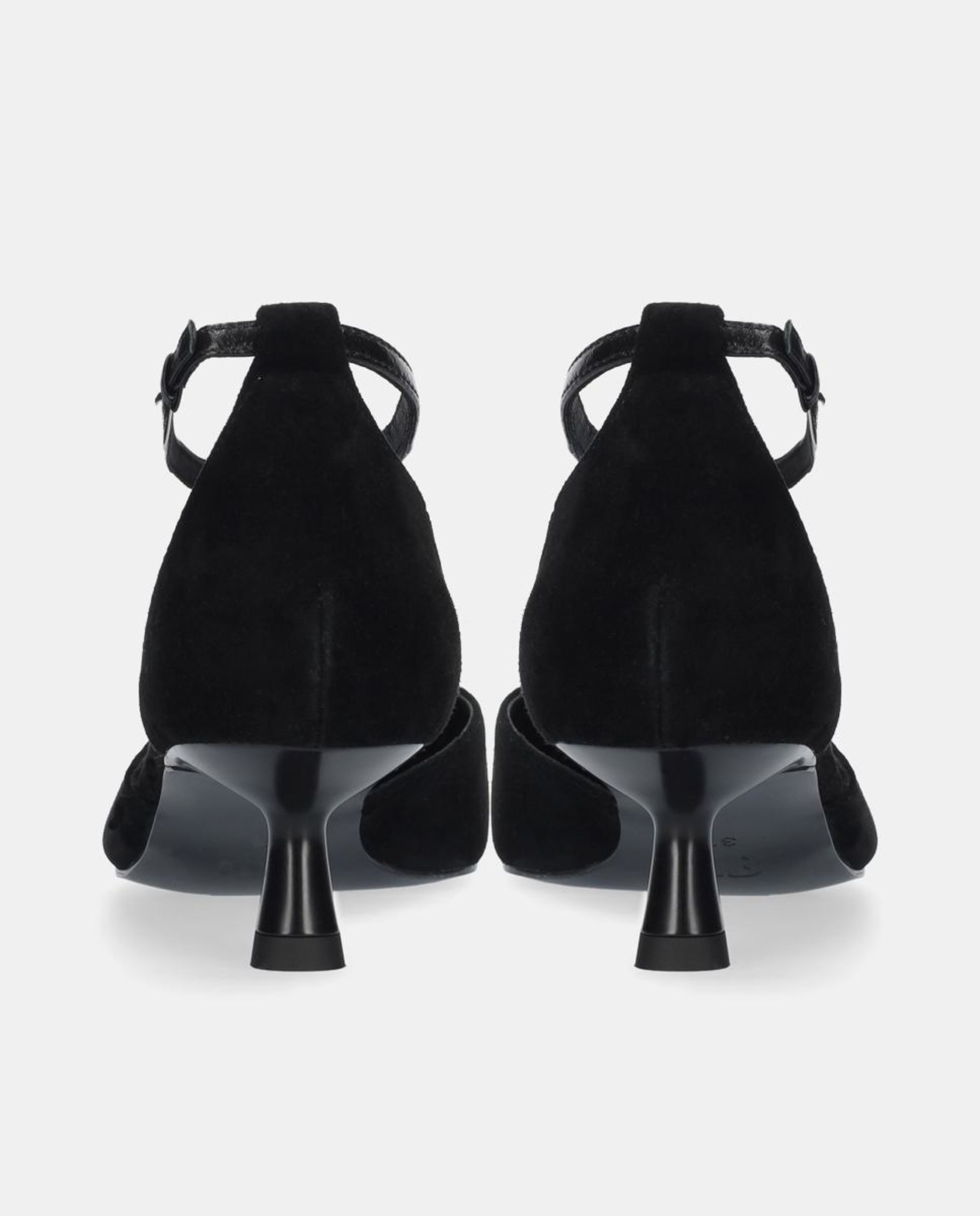 Sapatos de Salto Tipo T em Pele com Biqueira Pontiaguda Preto-3