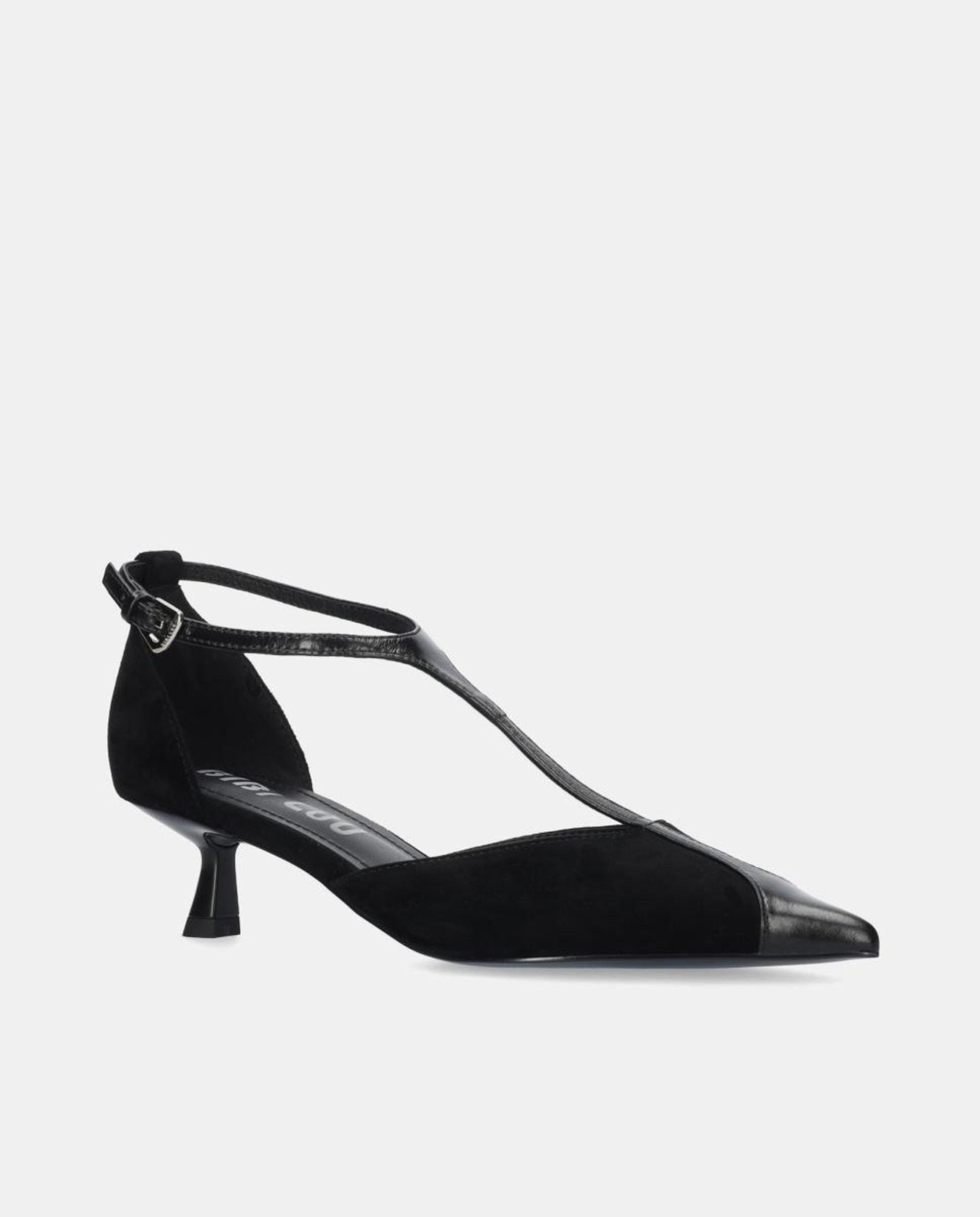 Sapatos de Salto Tipo T em Pele com Biqueira Pontiaguda Preto-2