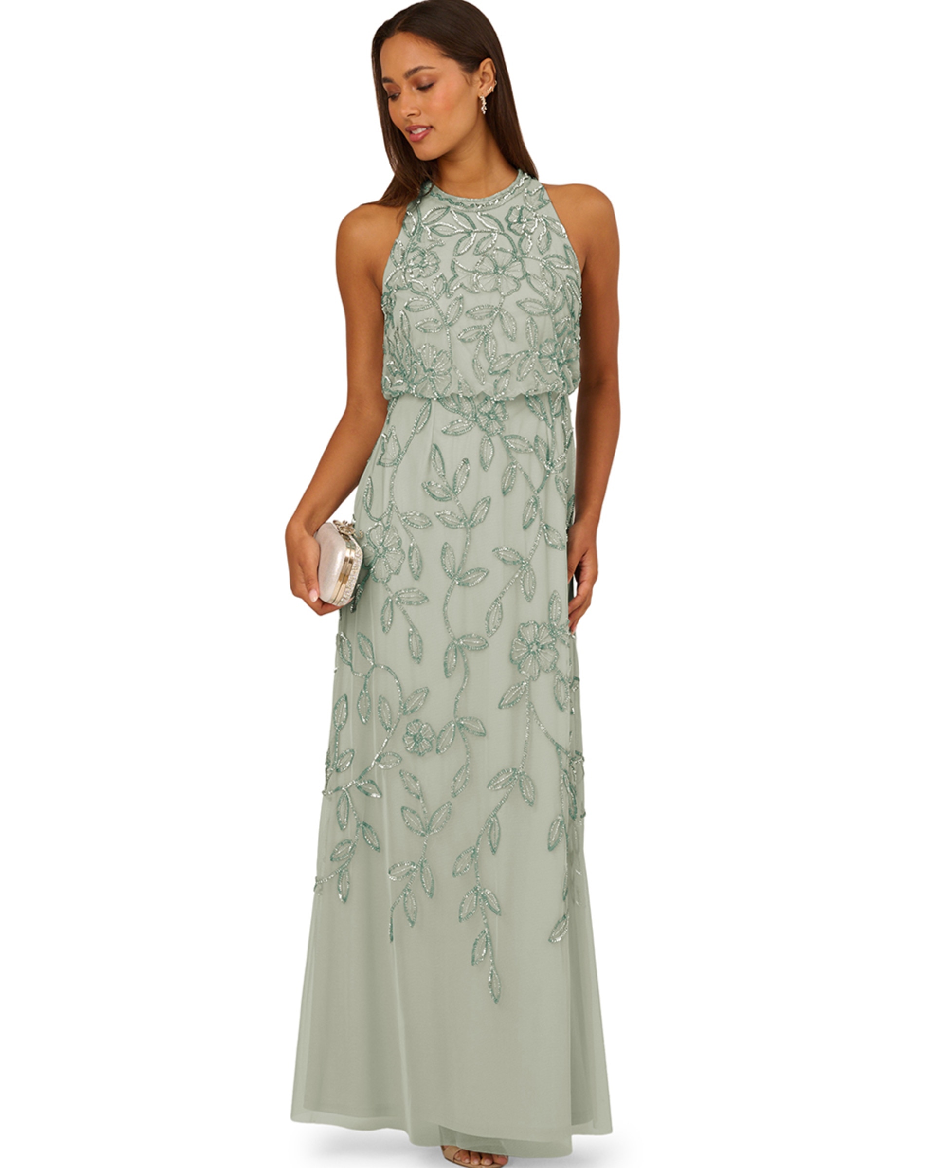 Vestido Comprido com Contas e Blusão Verde Água-4