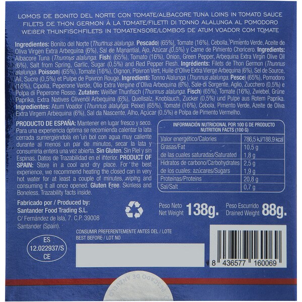 Bonitofilets aus Kantabrien mit Tomate Dose 88 g netto Abtropfgewicht