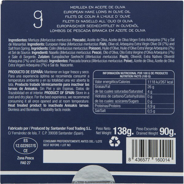 europäische Seehechtfilets in Olivenöl Dose 86 g netto Abtropfgewicht