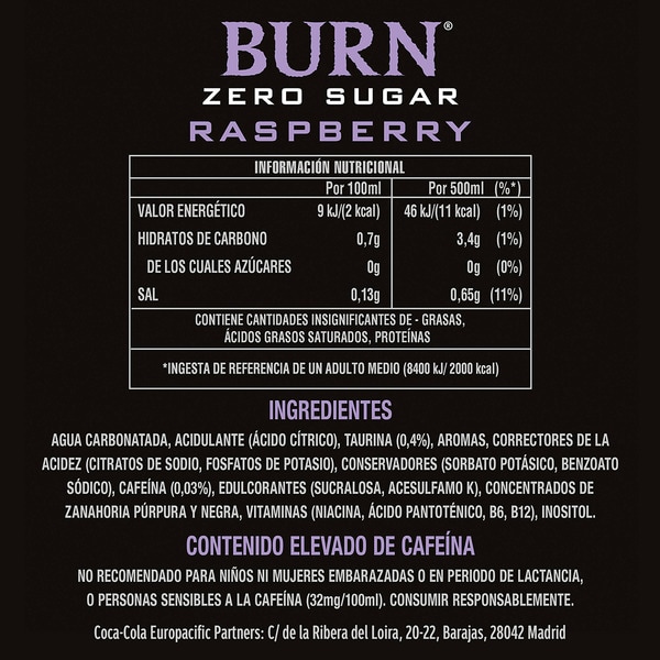 Energydrink mit Kohlensäure Zero Zucker Himbeergeschmack mit Taurin, Koffein, Guaraná Dose 50 cl