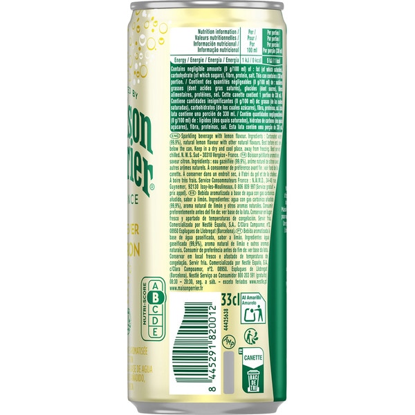sparkling water with lemon flavour, 0% sugar tin 33 cl