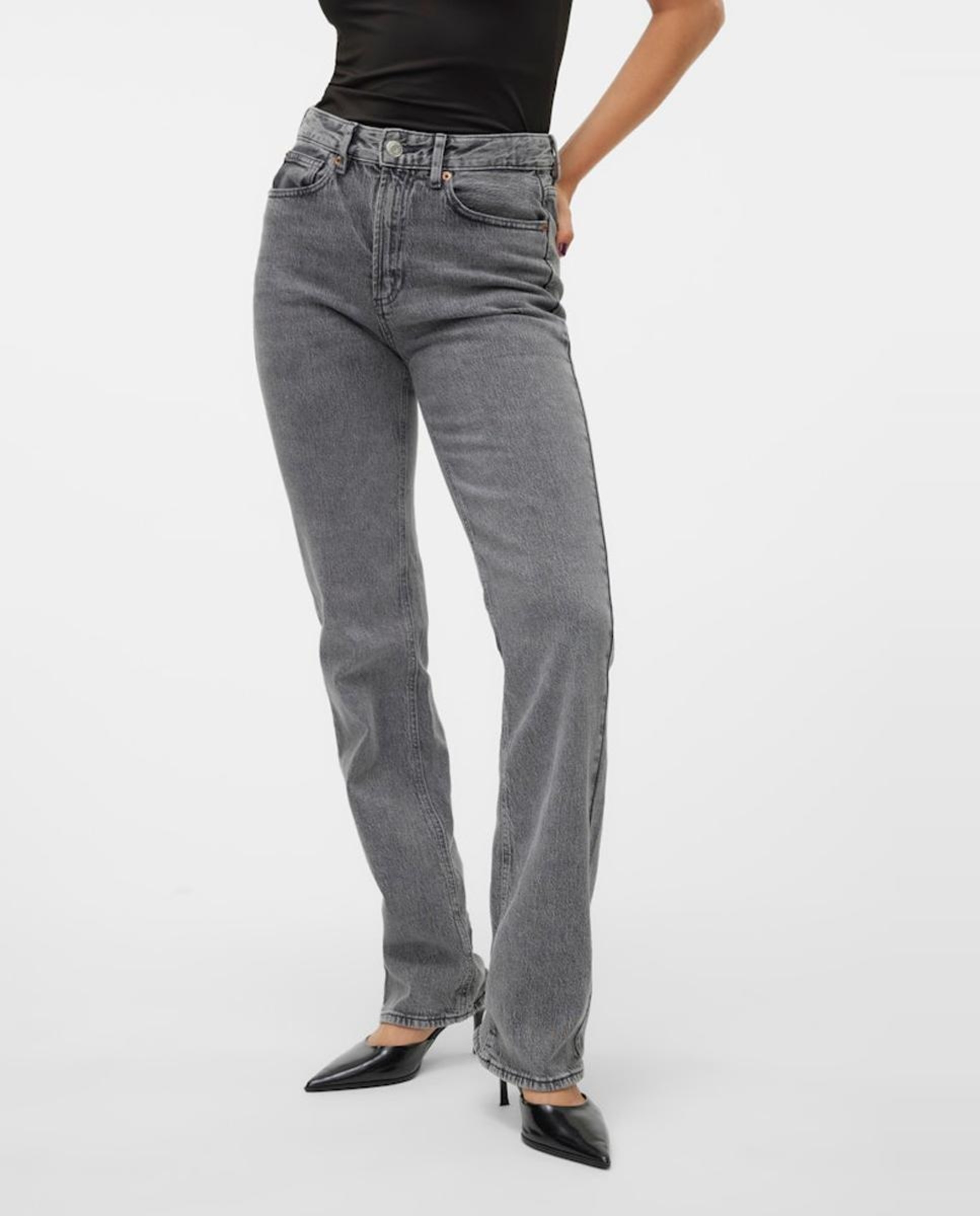 Jeans Straight com Cintura Subida Cinzento-escuro-5