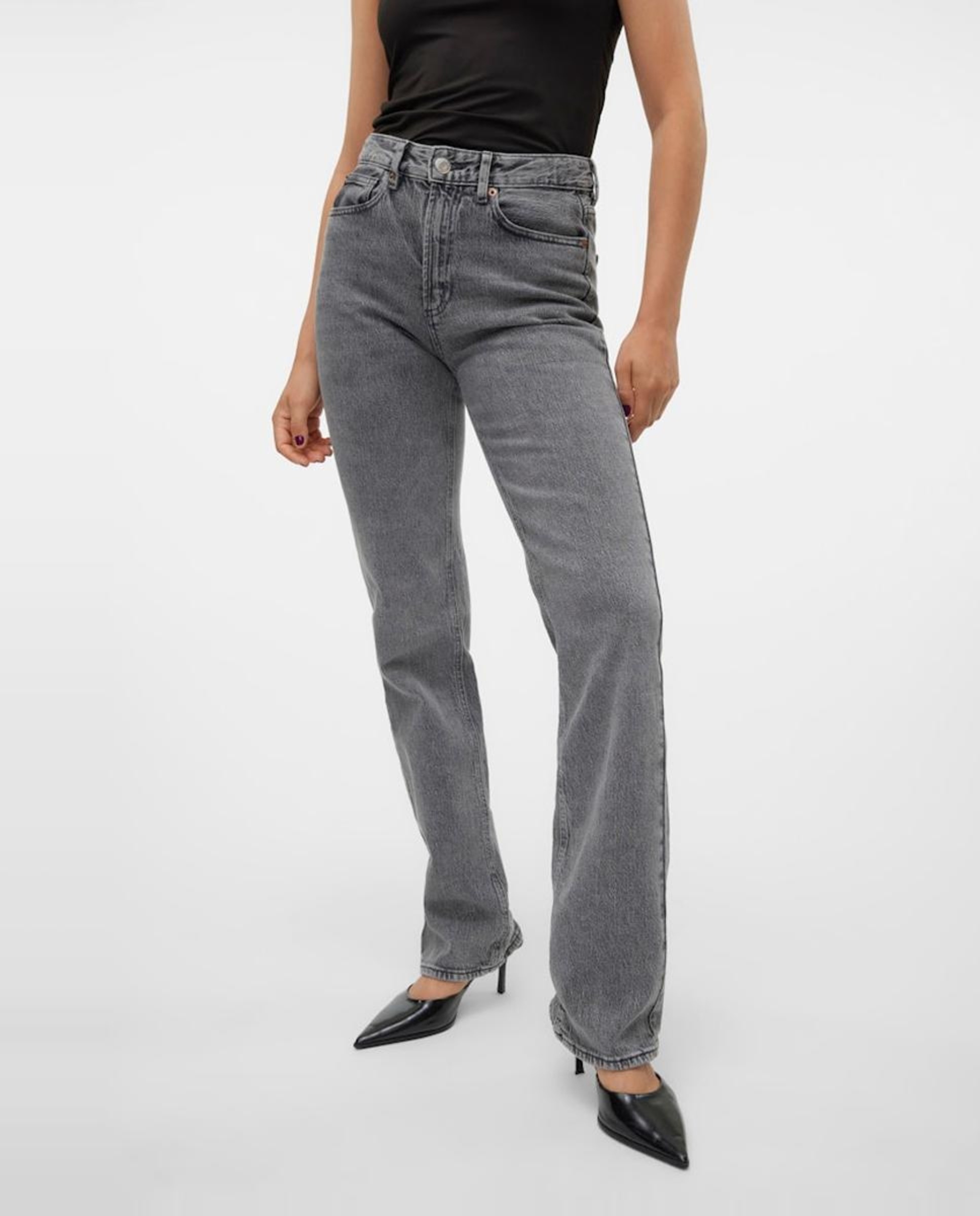 Jeans Straight com Cintura Subida Cinzento-escuro-4