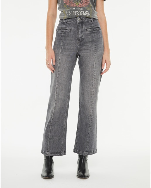 Imagen 0 de Pantalón de mujer denim flare gris detalle costura centro