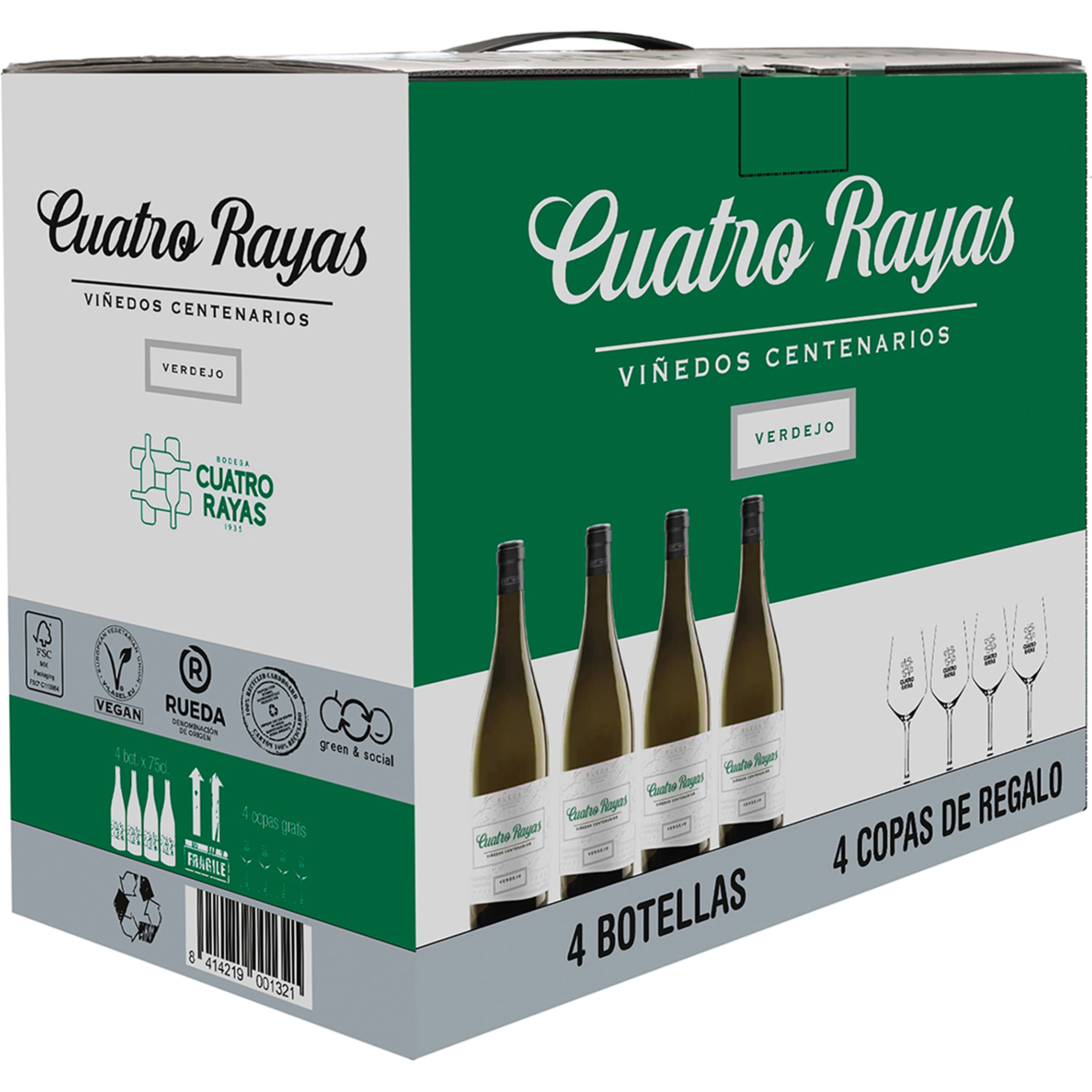 Viñedos Centenarios vino blanco verdejo DO Rueda caja 4 botellas 75 cl + 4 copas de regalo