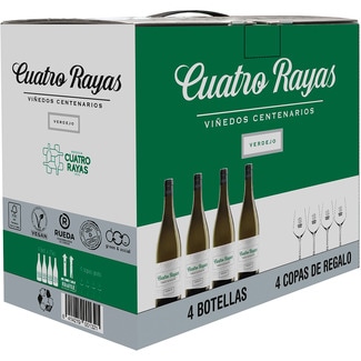 Viñedos Centenarios vino blanco verdejo DO Rueda caja 4 botellas 75 cl + 4 copas de regalo - Cuatro Rayas