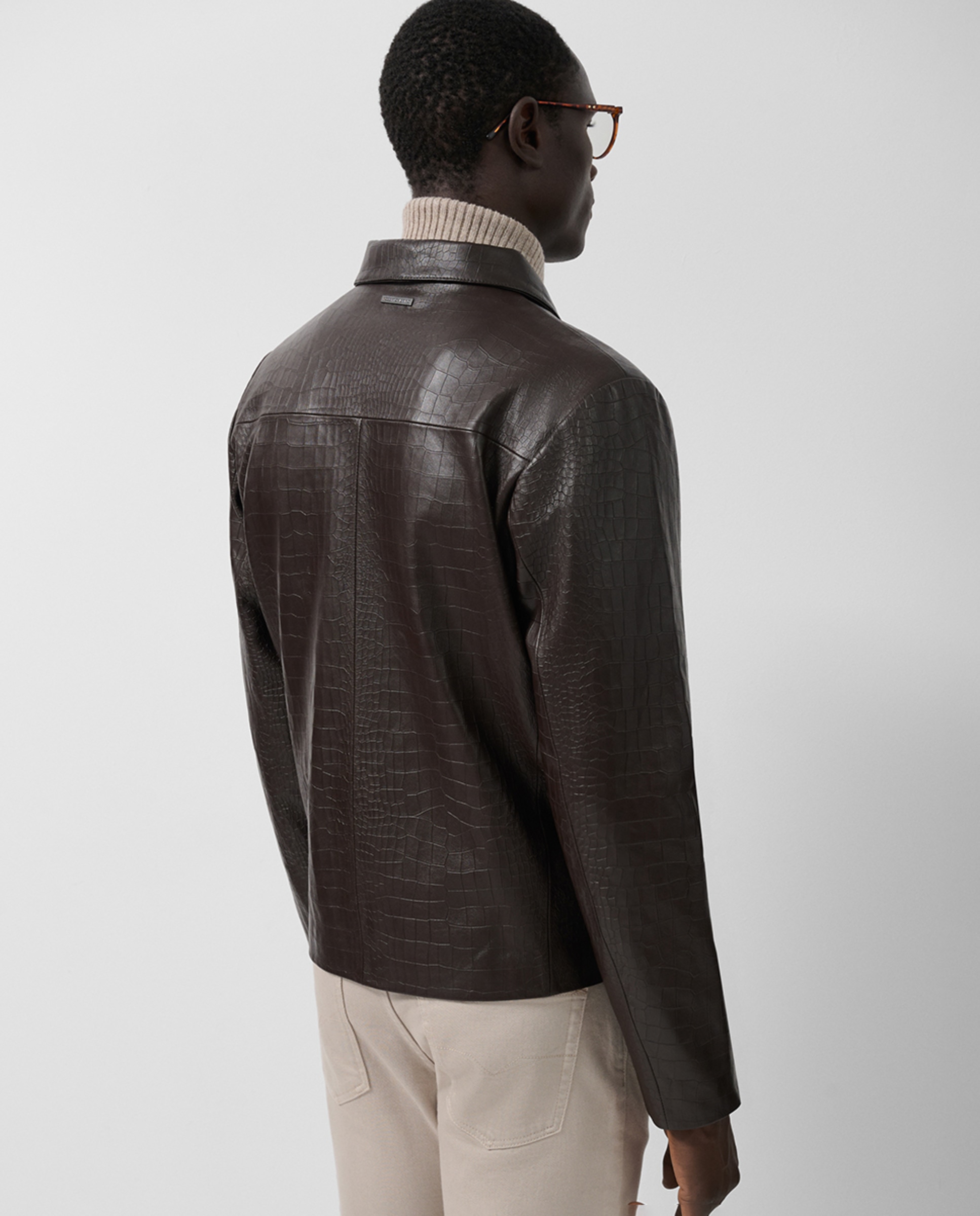Blusão em Pele com Efeito de Pele de Crocodilo Castanho-2