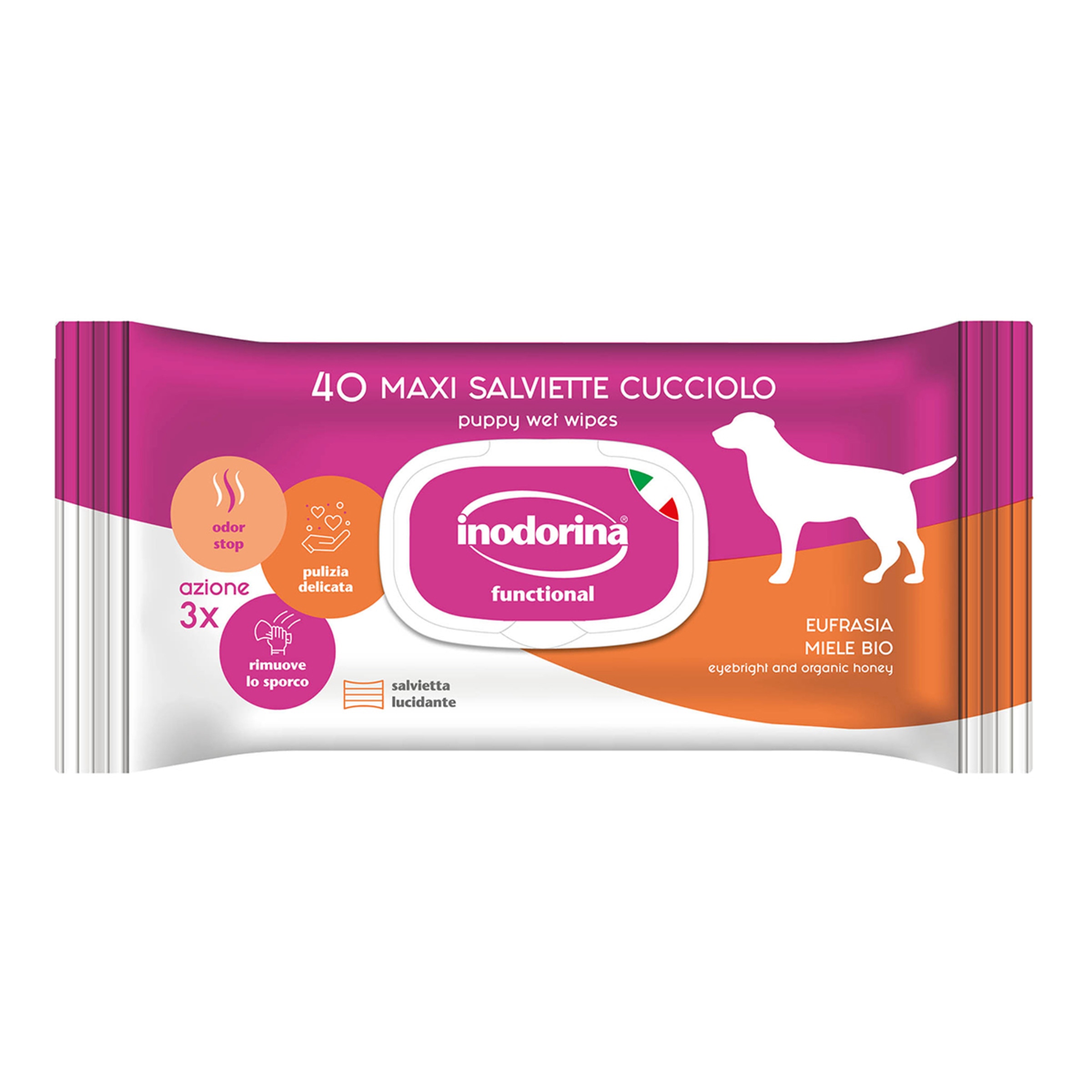 Imagen 0 de Toallitas Inodorina para perros y gatos cachorros con eufrasia y miel 40 uds