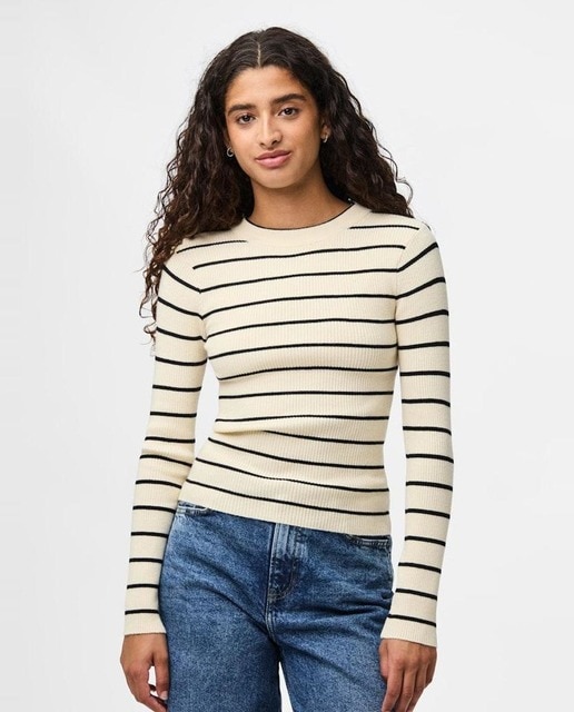 Imagen 0 de Jersey de canalé y estmapado de rayas con manga larga de mujer