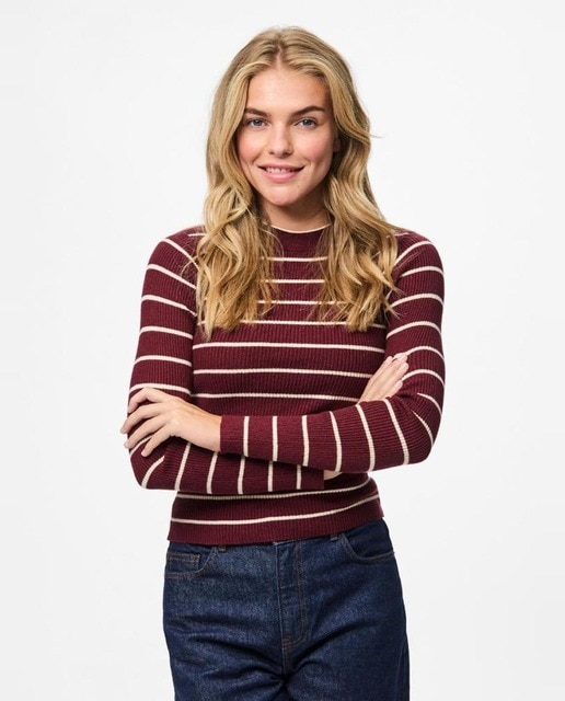 Imagen 0 de Jersey de canalé y estmapado de rayas con manga larga de mujer