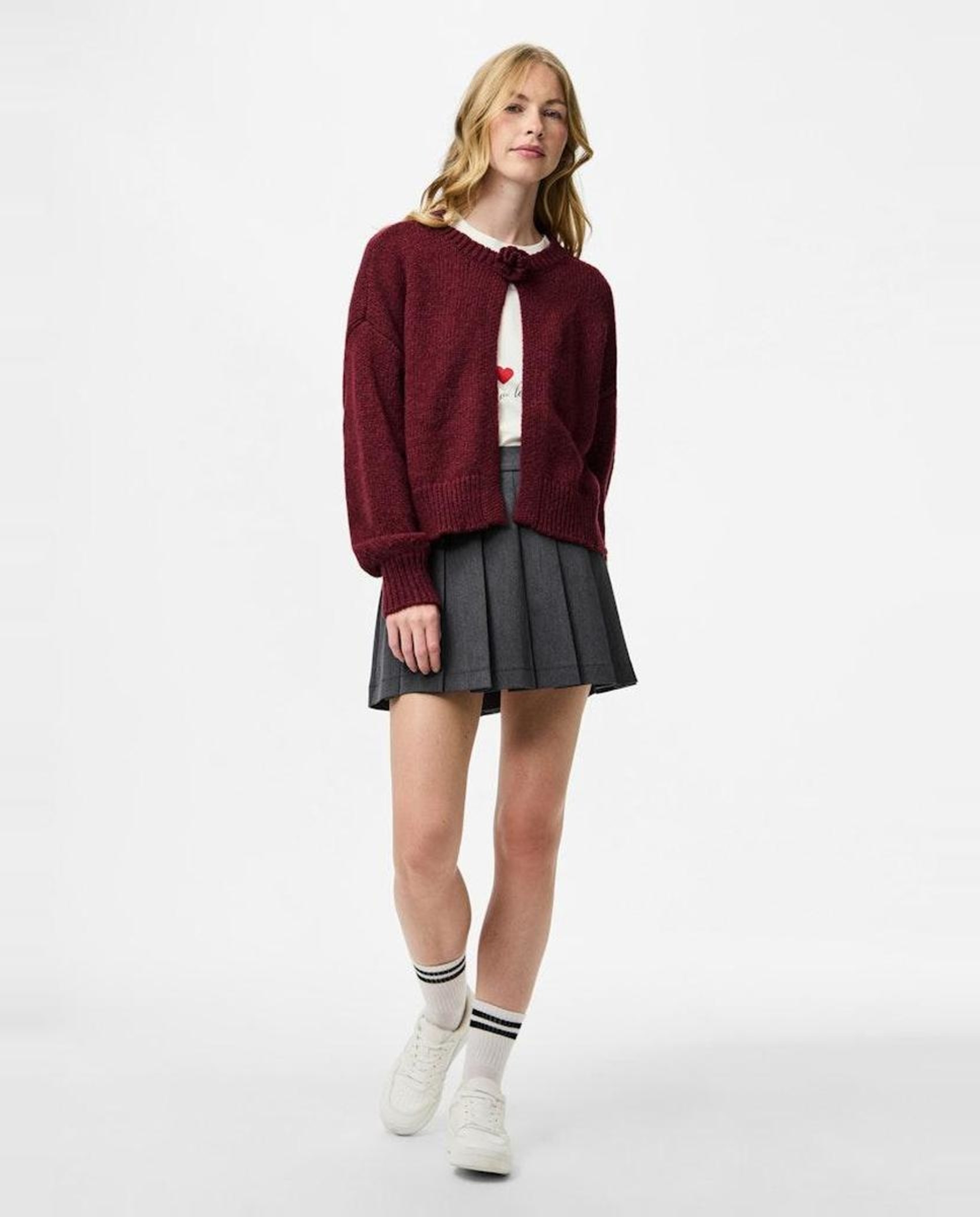 Cardigan de Malha com Fecho na Gola em Forma de Flor Vermelho/Grená-2