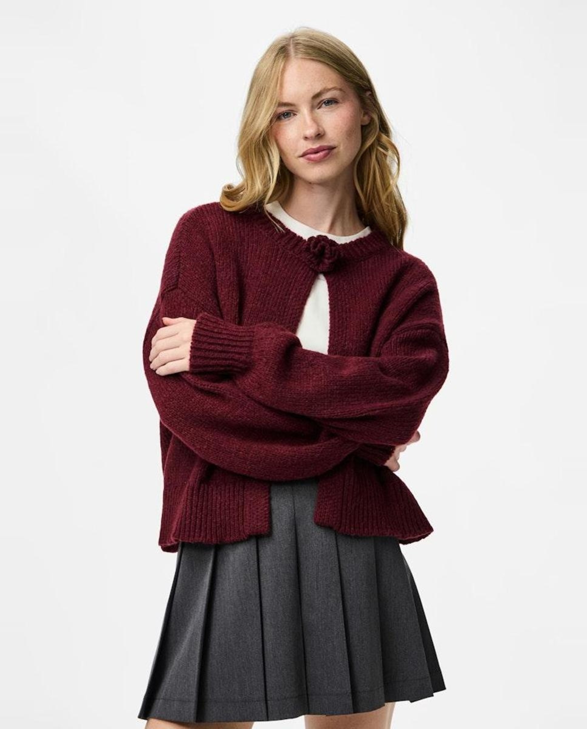 Cardigan de Malha com Fecho na Gola em Forma de Flor Vermelho/Grená-1