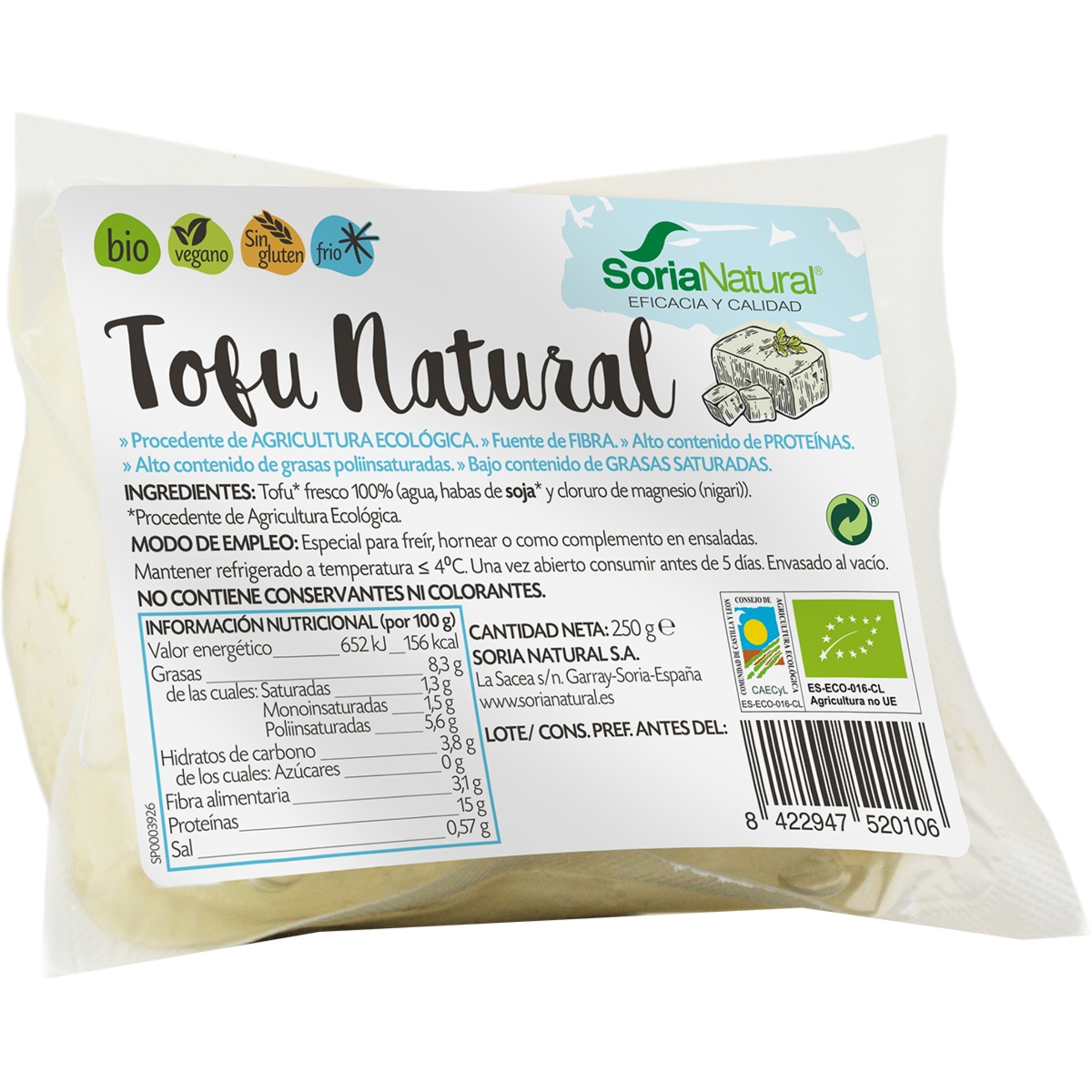 tofu natural ecológico y sin gluten envase 250 g