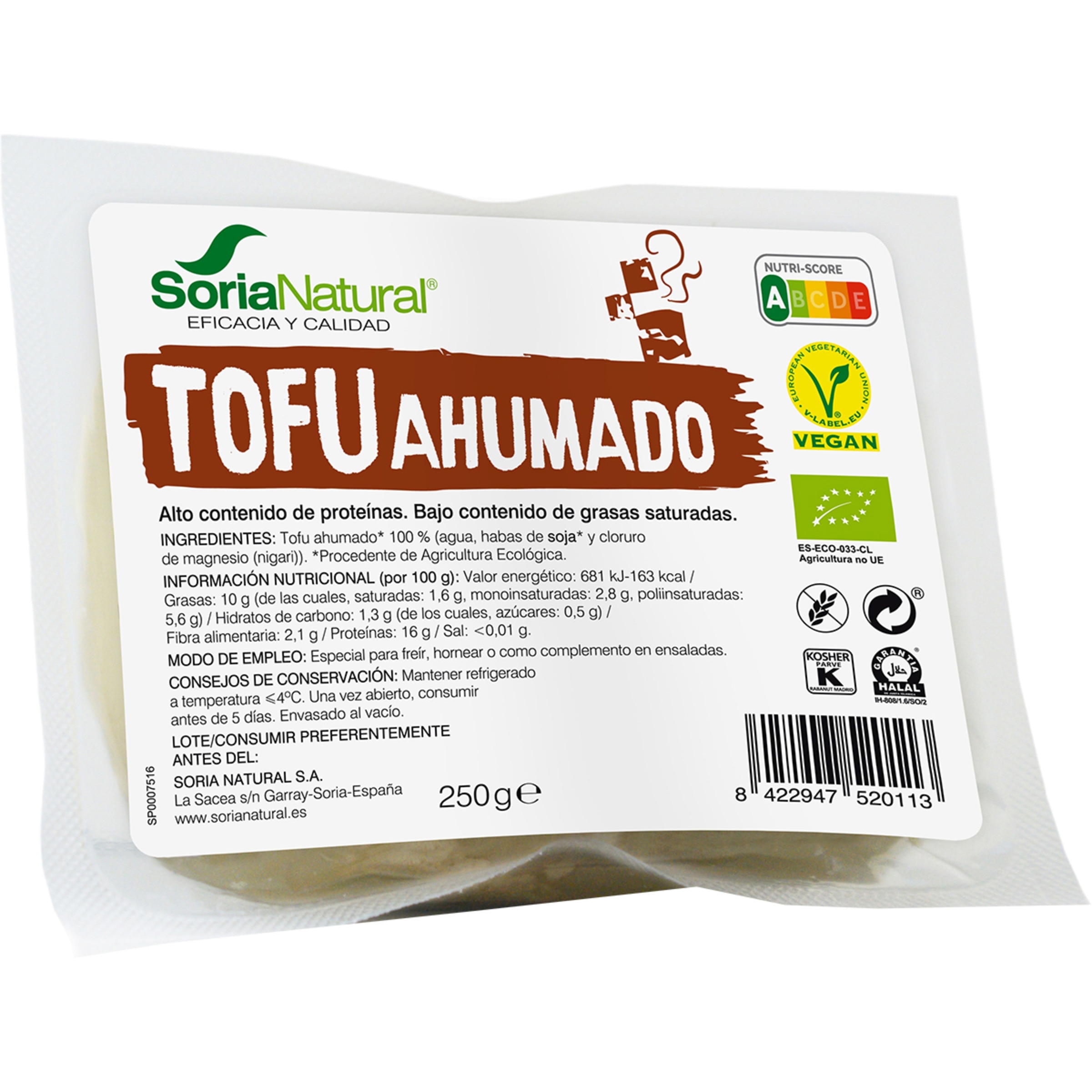 tofu ahumado ecológico, sin gluten y vegano envase 00250 g