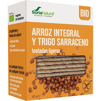 tostadas ligeras de arroz integral y trigo sarraceno ecológicas y sin gluten envase 100 g - Soria Natural