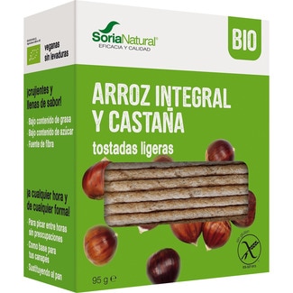 tostadas ligeras de arroz integral y castaña ecológicas y sin gluten envase 95 g - Soria Natural