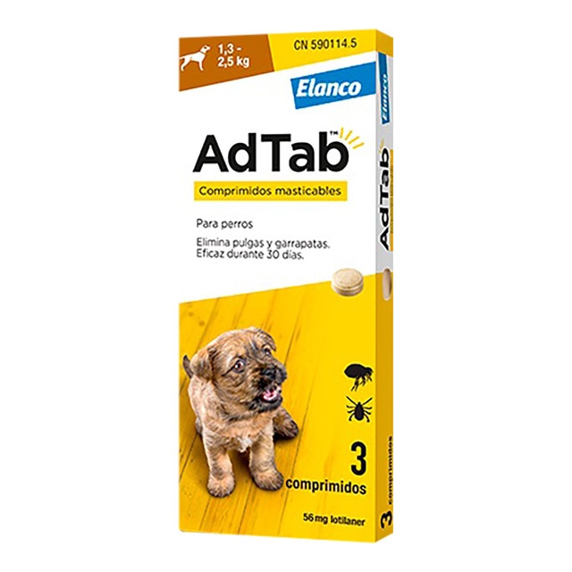 Imagen 0 de Comprimidos masticables antiparasitarios para perros Mini (1,3-2,5kg) Adtab Elanco 56mg 3 ud