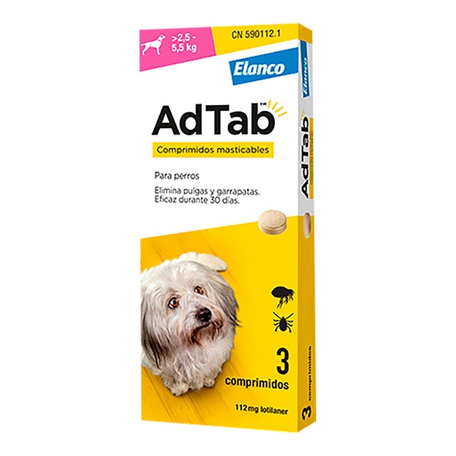 Imagen 0 de Comprimidos masticables antiparasitarios para perros Mini (>2,5-5,5kg) Adtab Elanco 112mg 3 ud