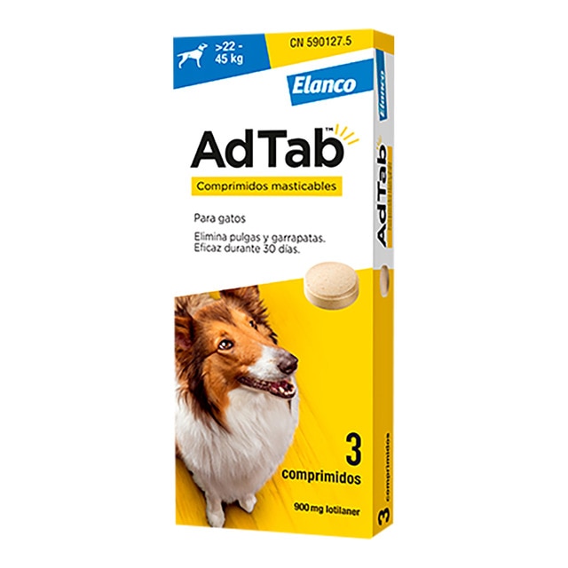 Imagen 0 de Comprimidos masticables antiparasitarios para perros Grandes >22-45kg Adtab Elanco 900mg 3 ud