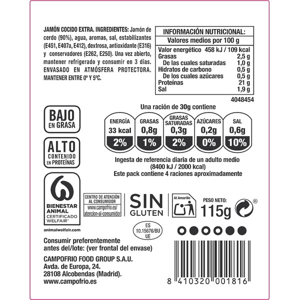 Finíssimas sliced premium cooked ham, gluten-free and lactose-free container 115 g