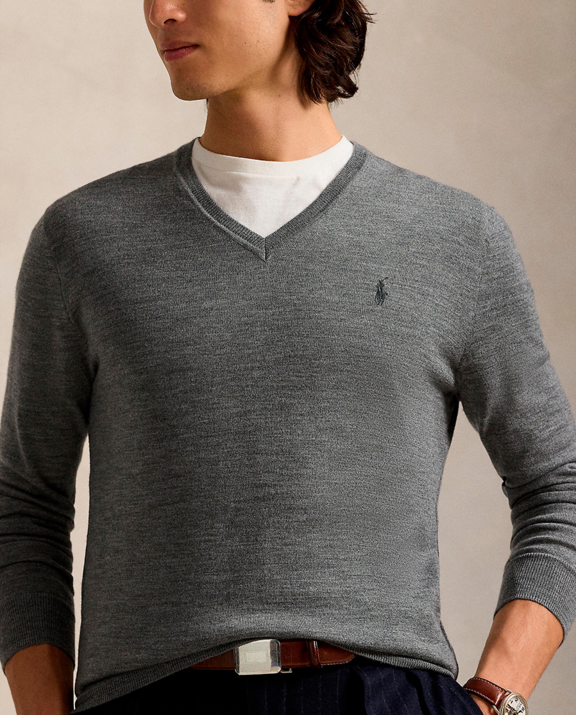 Camisola de Malha de Lã com Lavagem Slim Fit Cinzento-3