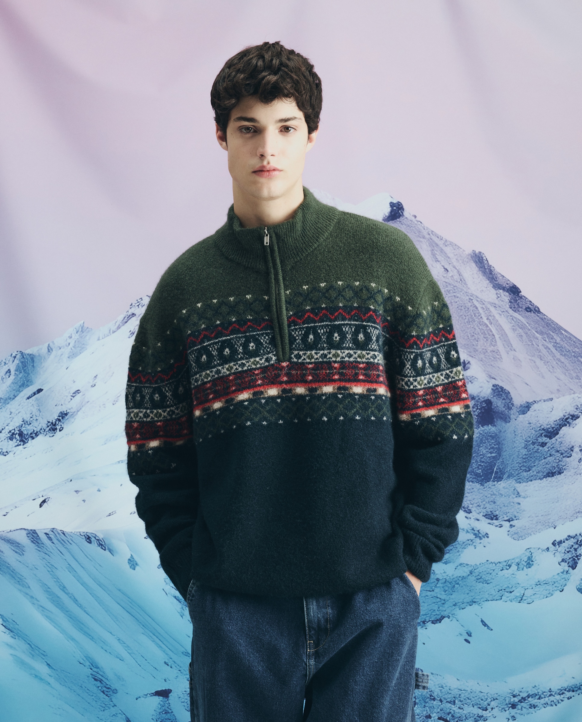 Camisola de Malha com Meio Fecho de Correr e Jacquard Azul-marinho-3