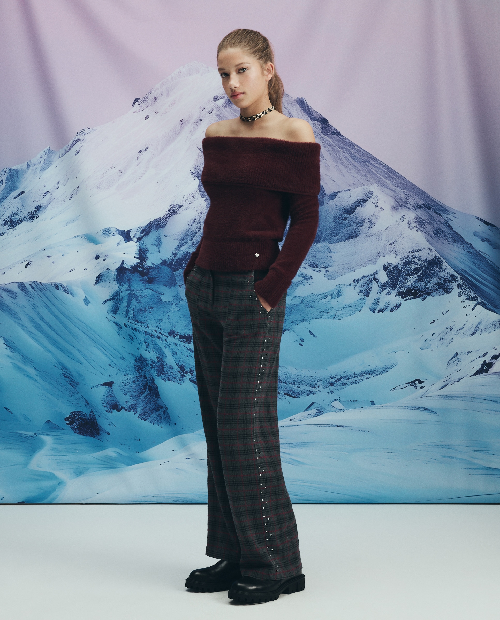 Camisola de Malha com Pelo e Gola Bardot Bordeaux-2