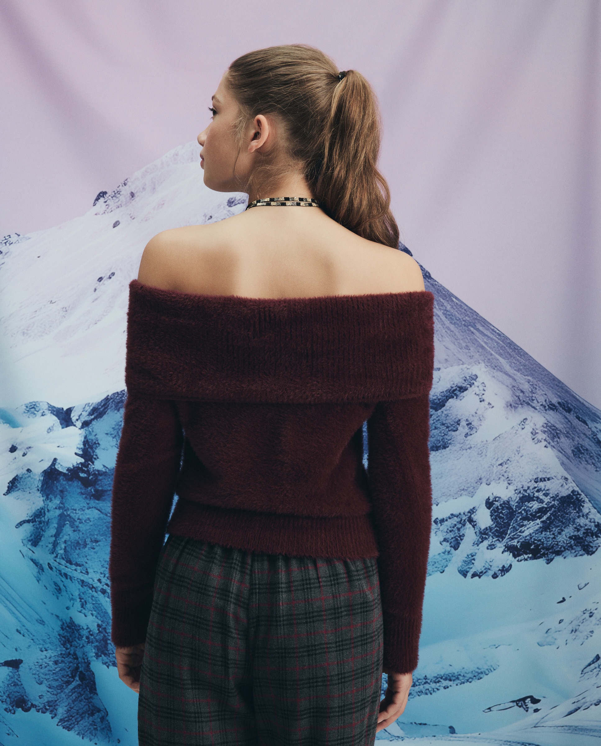 Camisola de Malha com Pelo e Gola Bardot Bordeaux-3