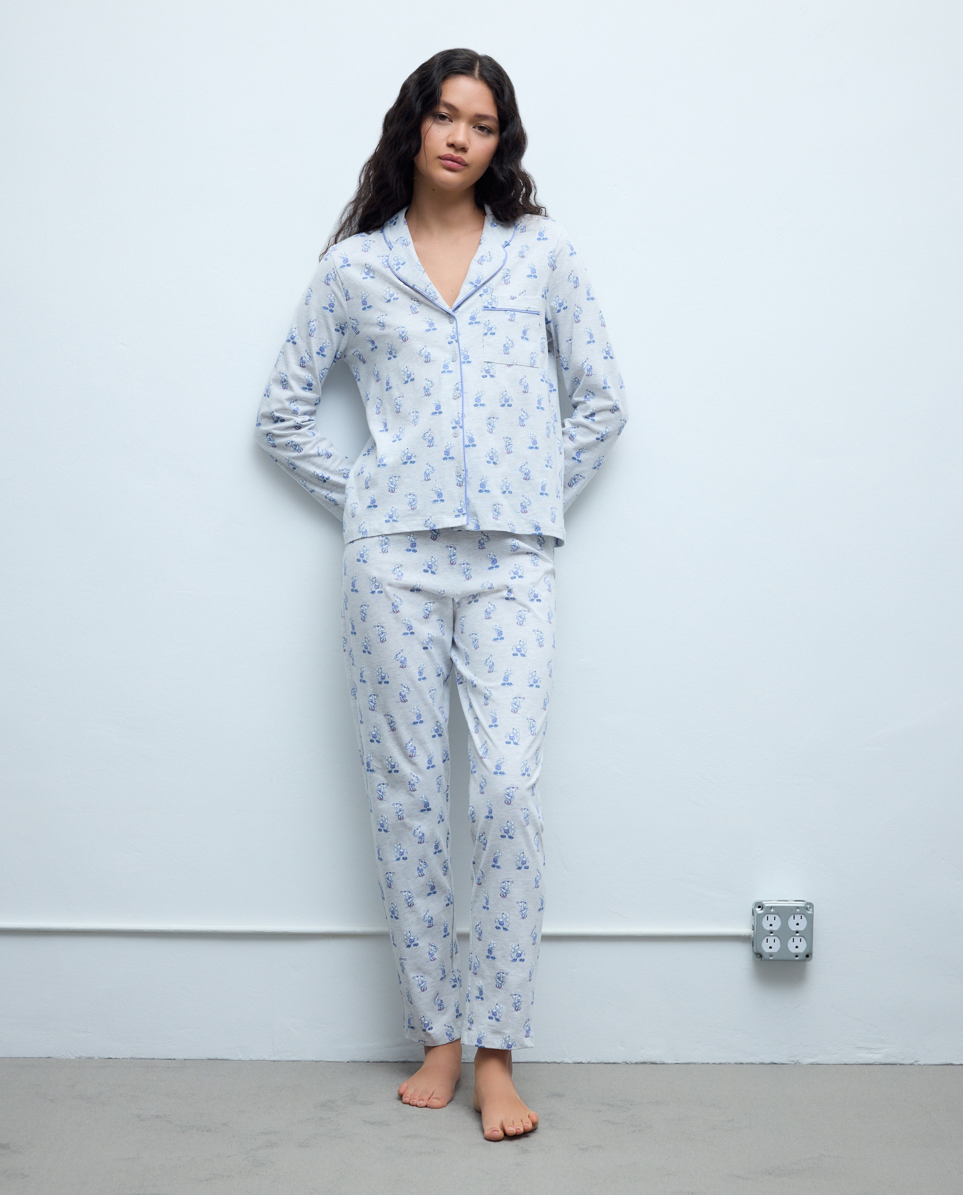 Pijama Completo com Estampado e Decote em Bico Cinzento-claro-2