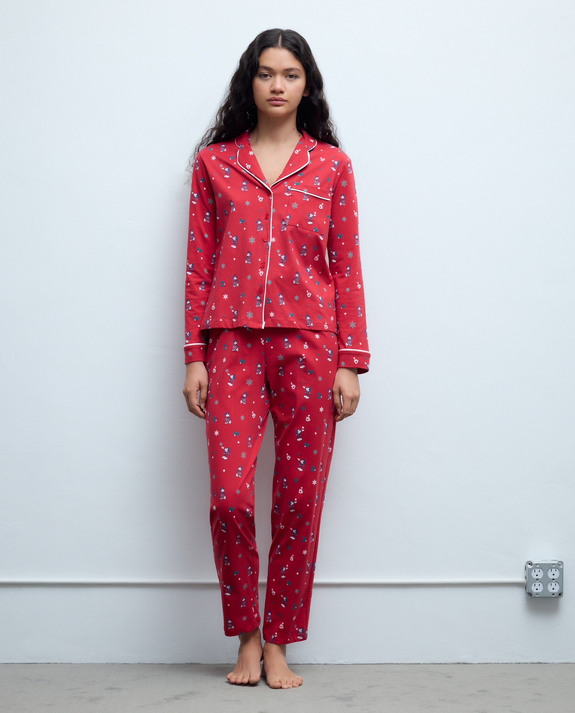 Pijama Completo com Estampado Minnie e Copos com Aba, Manga Comprida e Calças 600 Vermelho-1