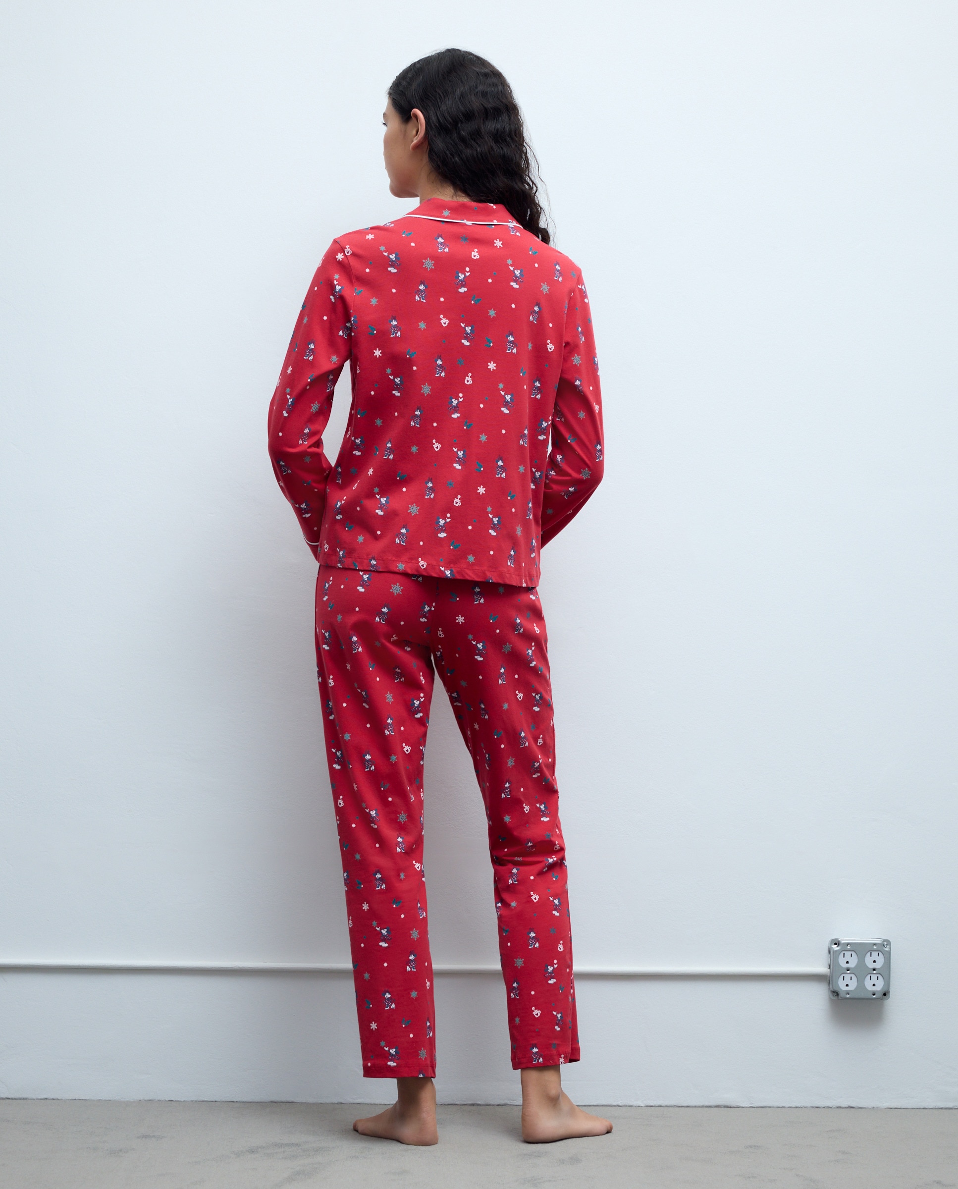 Pijama Completo com Estampado Minnie e Copos com Aba, Manga Comprida e Calças 600 Vermelho-3