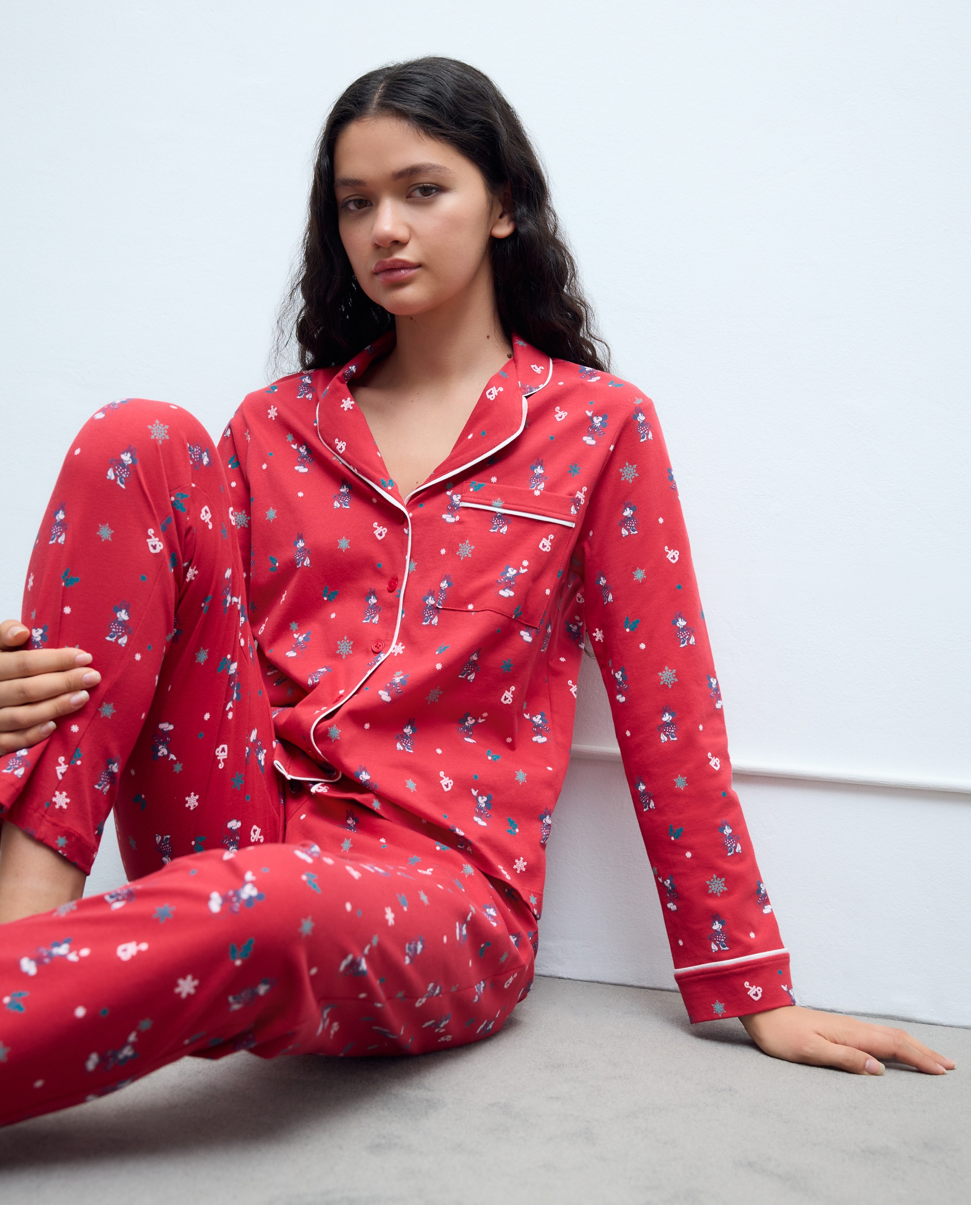 Pijama Completo com Estampado Minnie e Copos com Aba, Manga Comprida e Calças 600 Vermelho-2