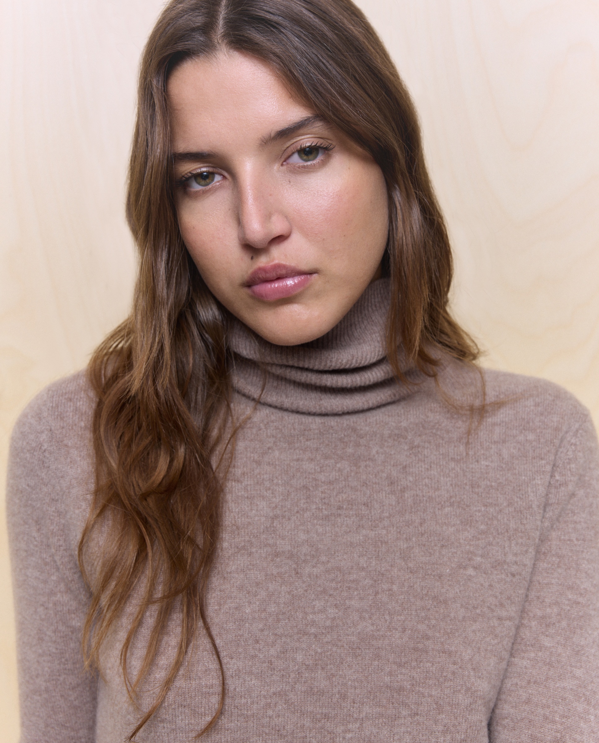 Camisola de Malha Lisa com Gola Alta Castanho-4