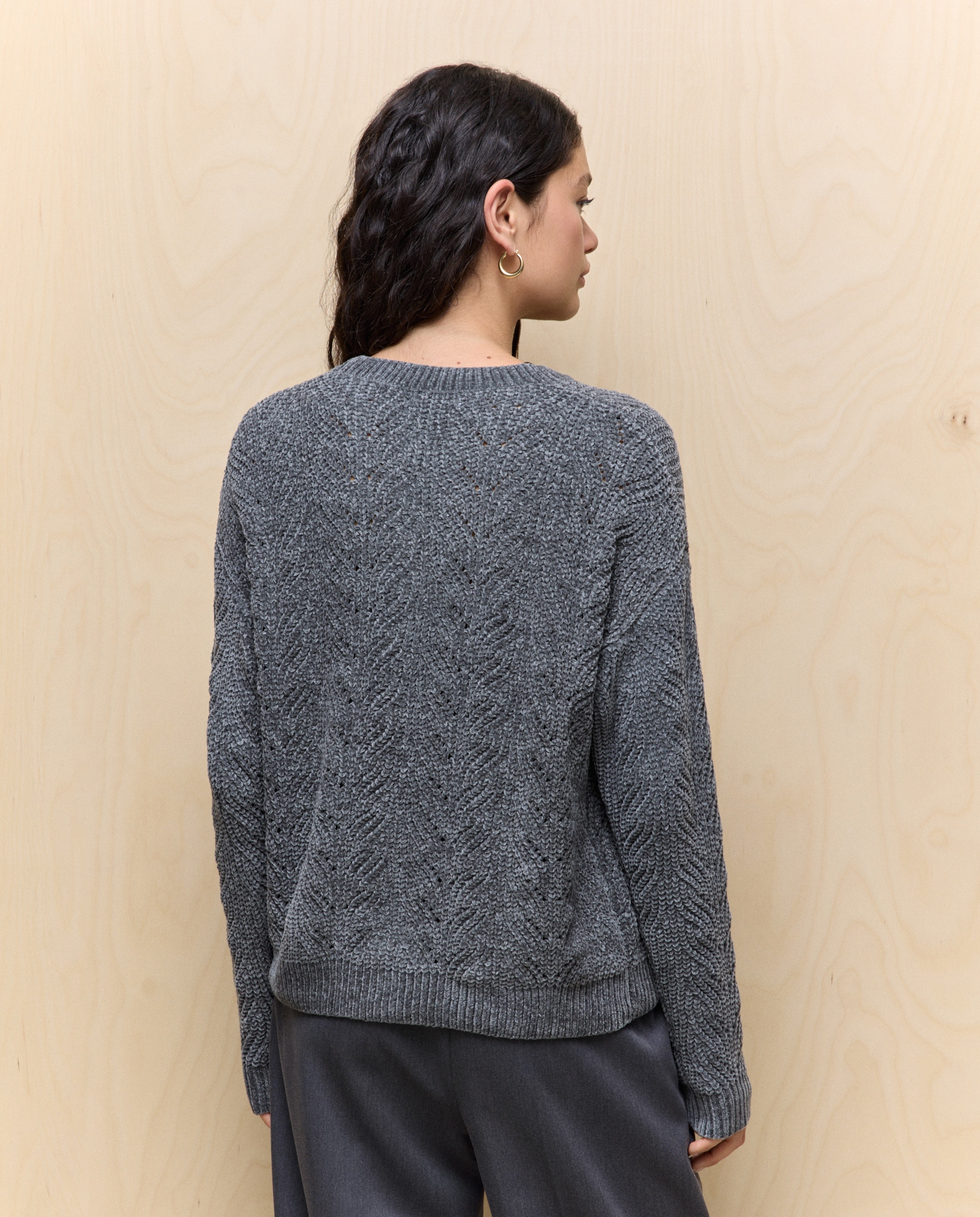 Camisola de Malha de Decote Redondo com Estrutura de Chenille Verde Sálvia-3