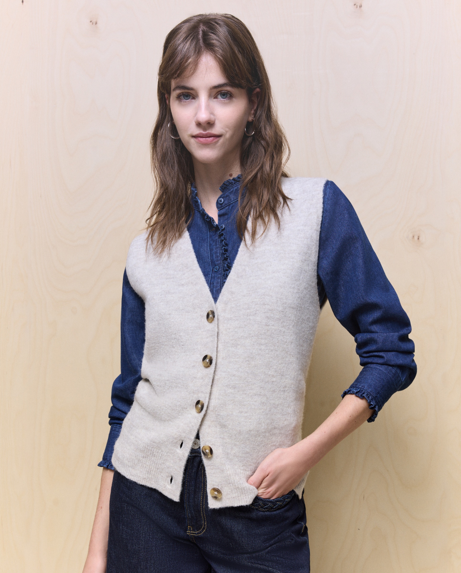 Colete de Malha Grossa Lisa Bege-1