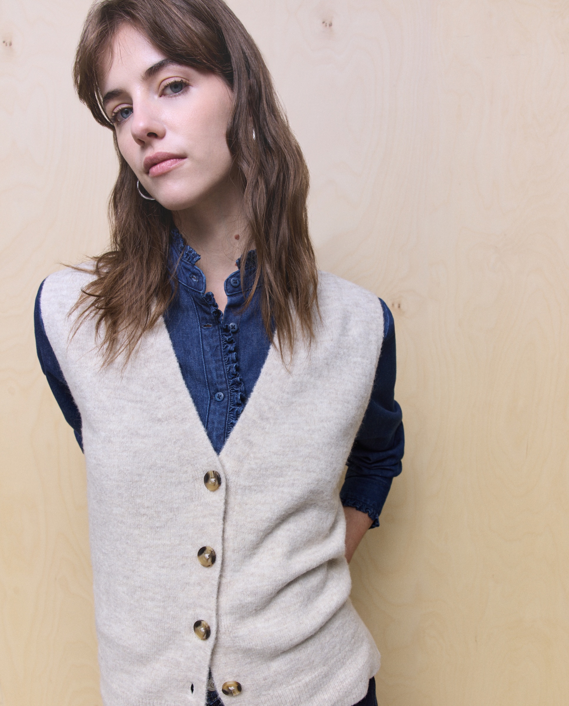 Colete de Malha Grossa Lisa Bege-4