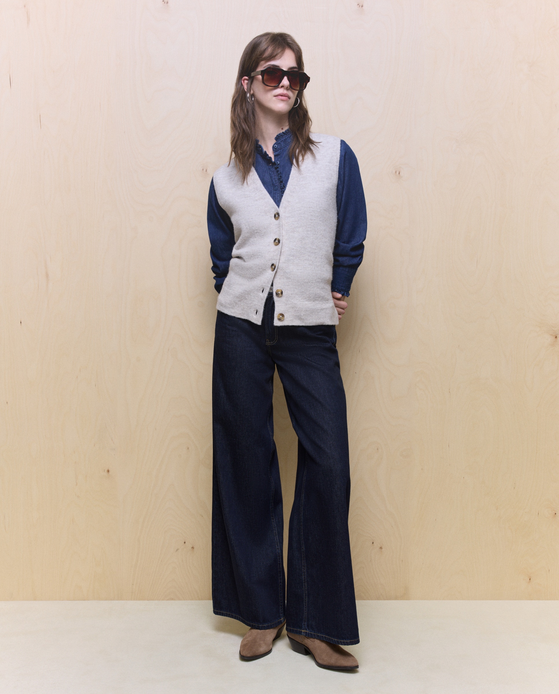 Colete de Malha Grossa Lisa Bege-2