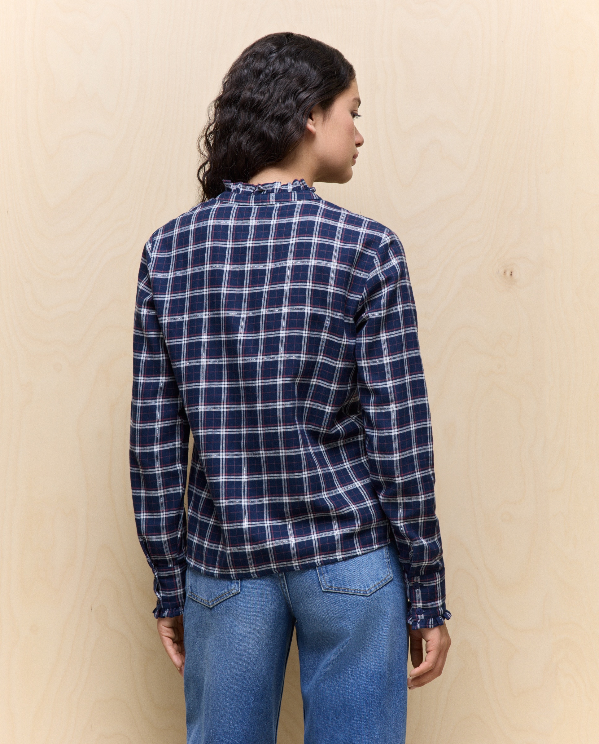 Camisa aos Quadrados com Folho Azul-3