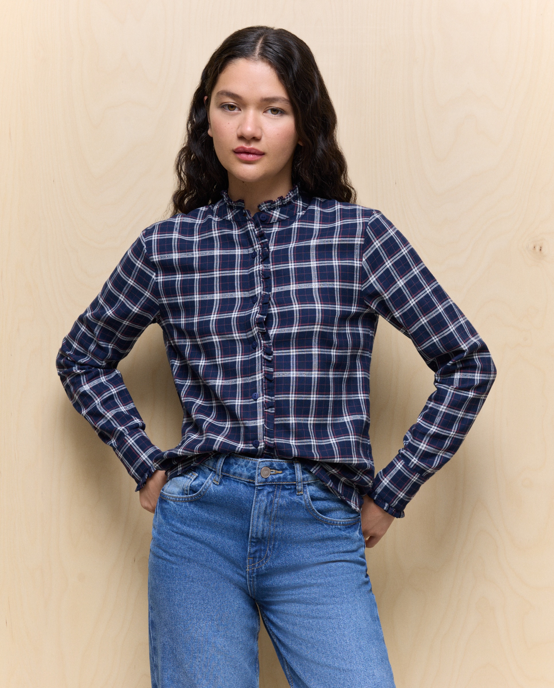 Camisa aos Quadrados com Folho Azul-1