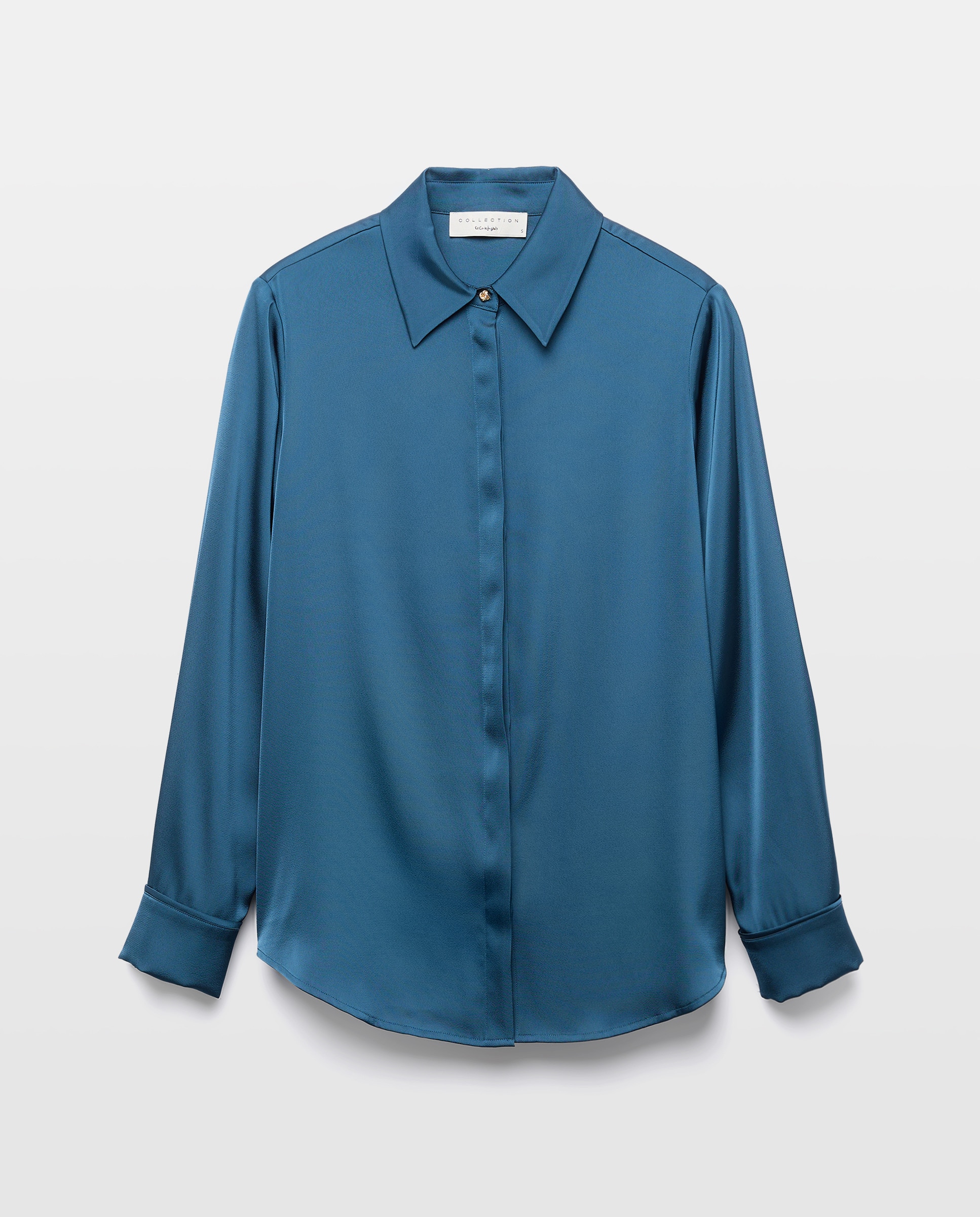 Blusa de Cetim Liso com Manga Comprida Azul-escuro-5