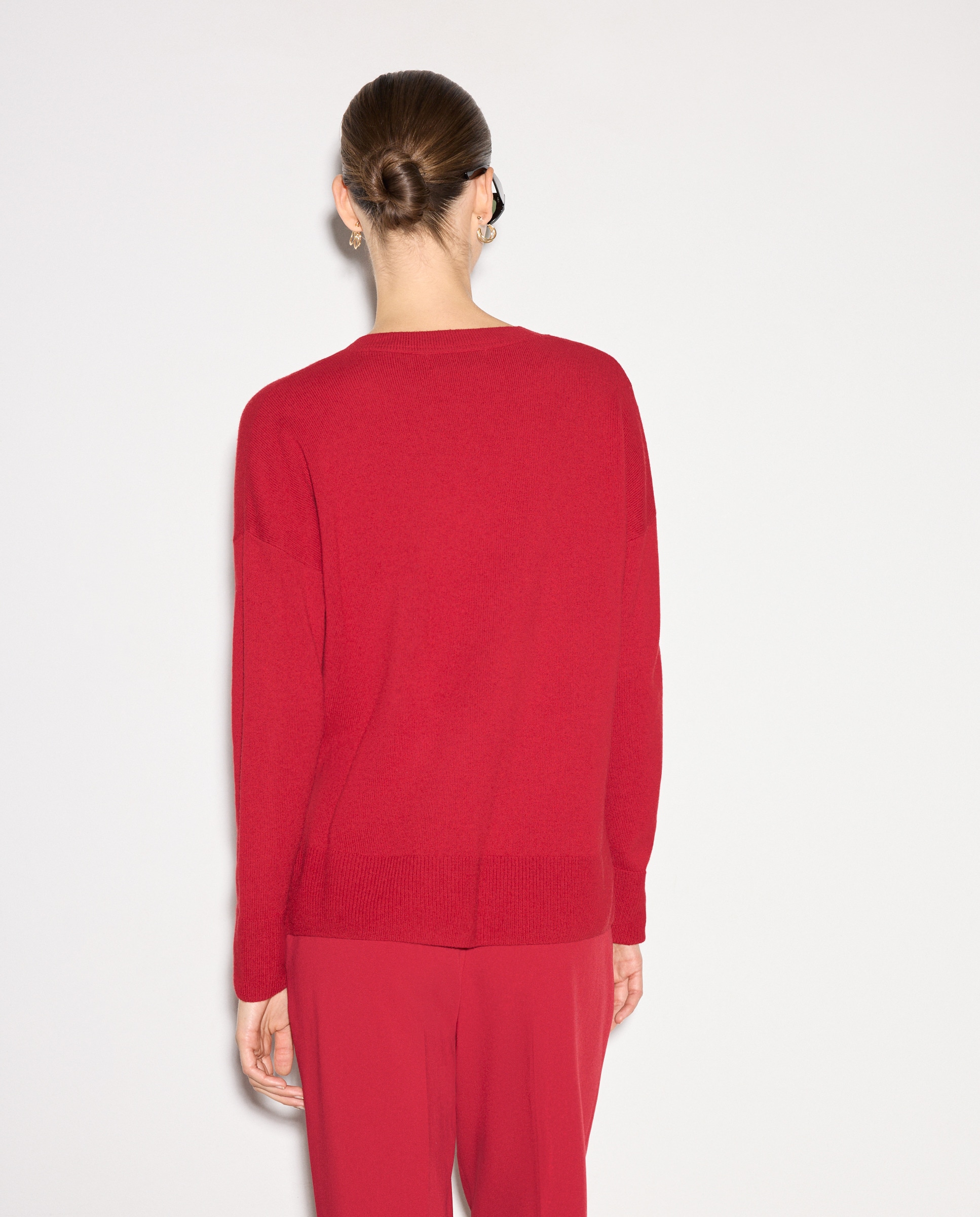 Camisola de Malha de Lã e Caxemira com Decote em Bico Bordeaux-3