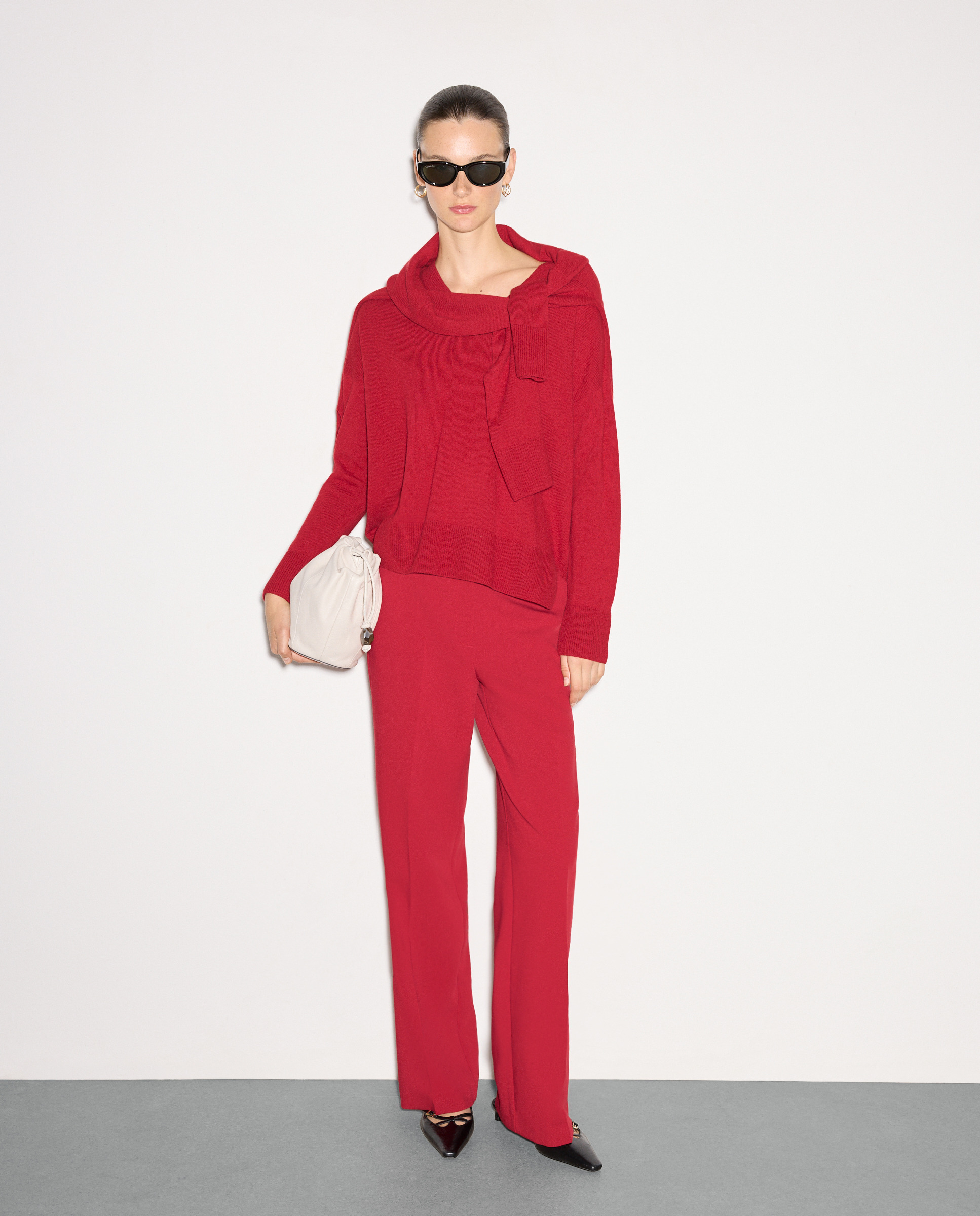 Camisola de Malha de Lã e Caxemira com Decote em Bico Bordeaux-2