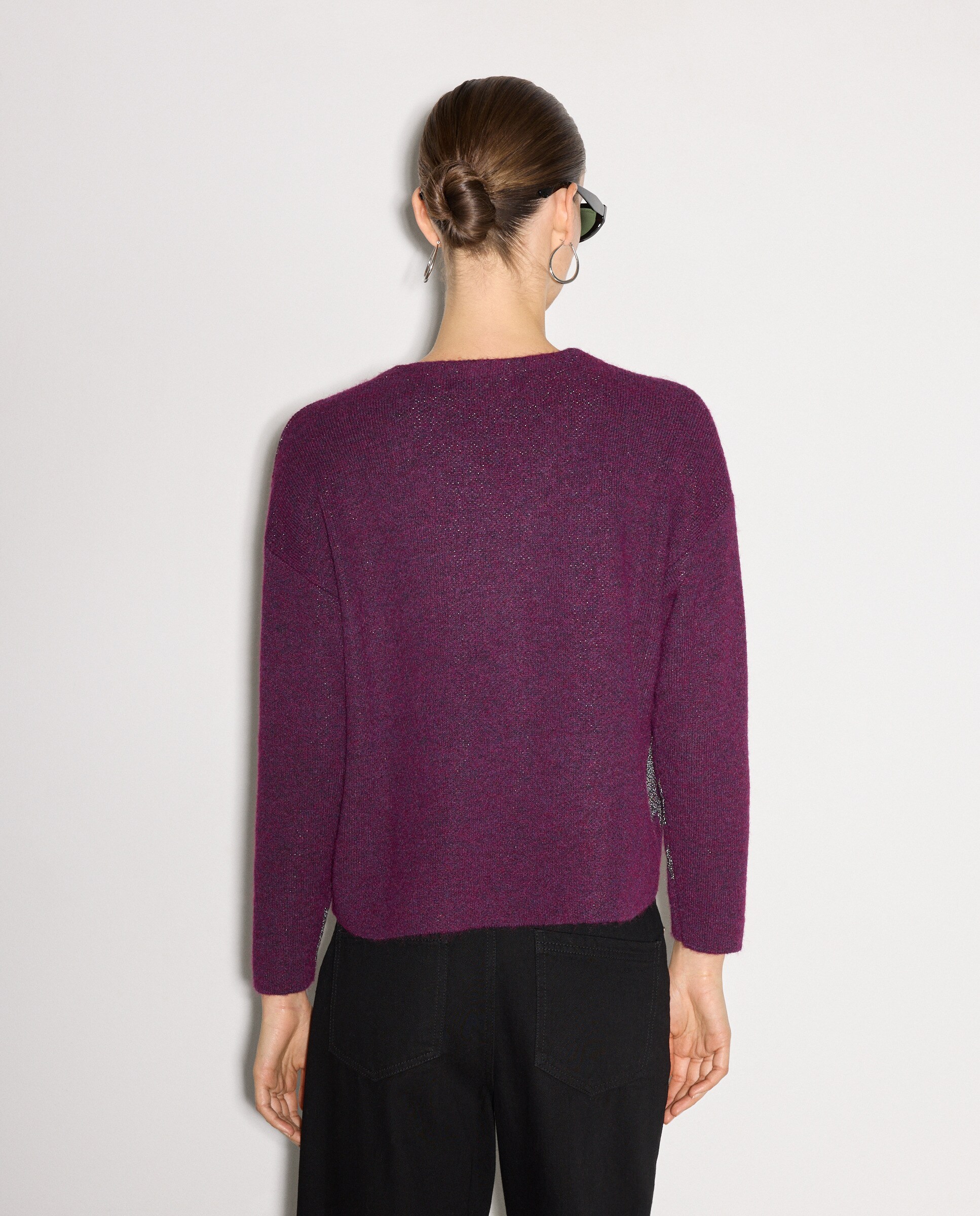 Camisola de Malha Jacquard com Decote em Bico Ameixa-3